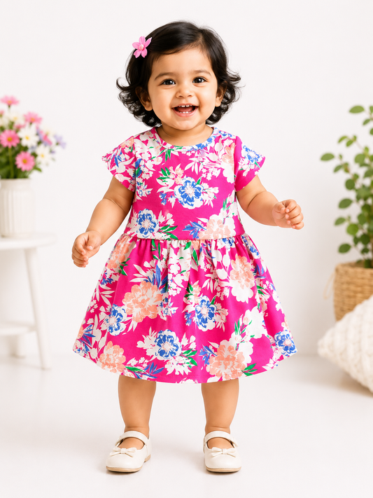 Half Sleeves  Frocks (Pink White & Flower)
