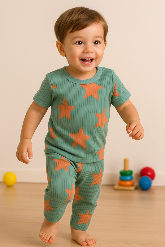 Premium Ribbed Shorts sleeves Tshirt with Pant (Blue & Orange Star) (2-4 Yrs)
