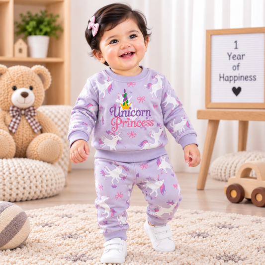 Premium Fleece Winter T-Shirt With Cuffed Pant (Unicorn Princess)