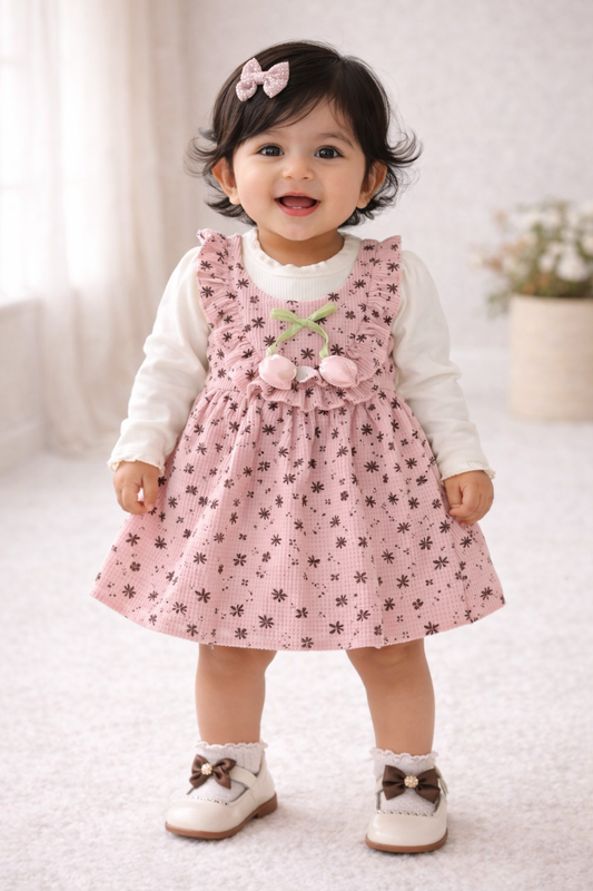 (KF003) - Premium Korean Style Baby Frock (Pink Brown Flower)