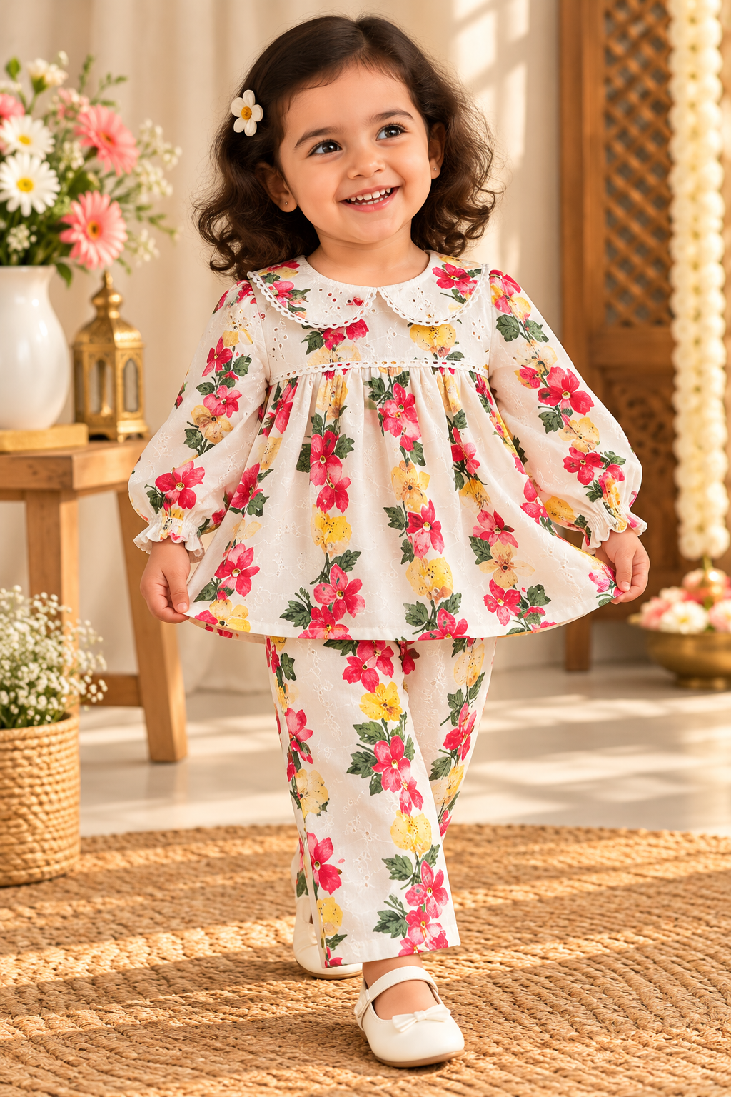 Girls Festive Cotton Printed Peter Pan Collar Co-ord Set (CR002)  (CREEPER)