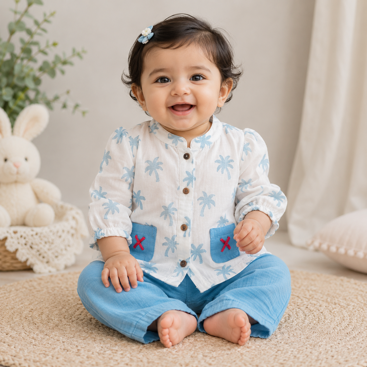 Airport - Kids Muslin  Balloon Sleeves Frock With Pant ( Cream Blue Tress )