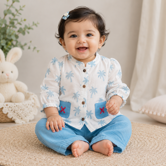 Airport - Kids Muslin  Balloon Sleeves Frock With Pant ( Cream Blue Tress )