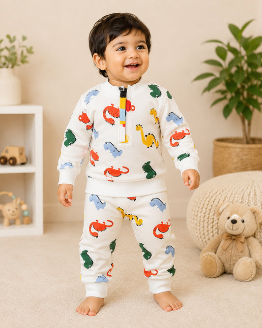 Premium Fleece Winter Set – High Neck Invisible Zip T-Shirt With Cuffed Pant ( White Dinos)