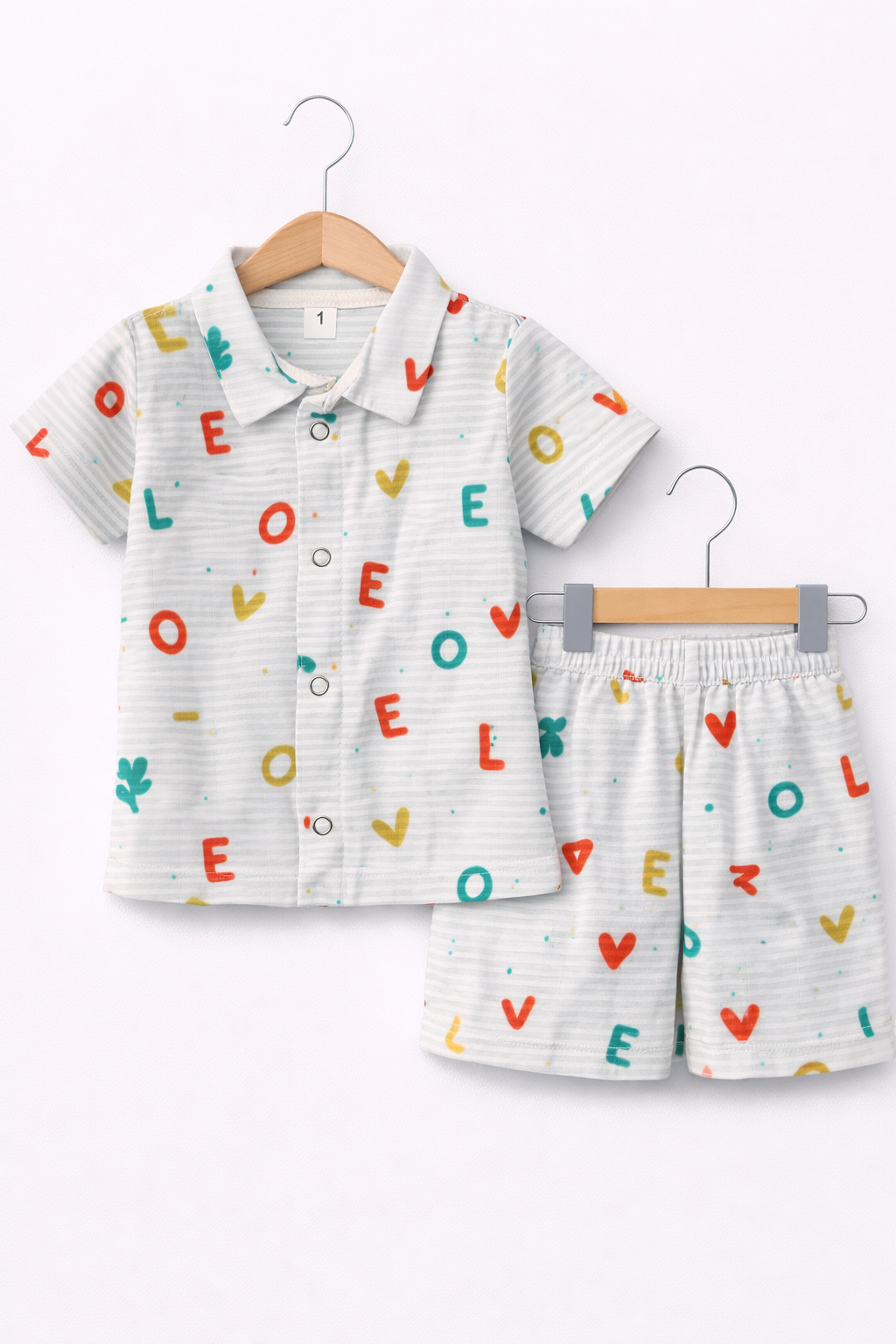 Airport - Kids Muslin Co-ord Set – Front Open Collar Shirt & Shorts (Light Green Stripes -Love)