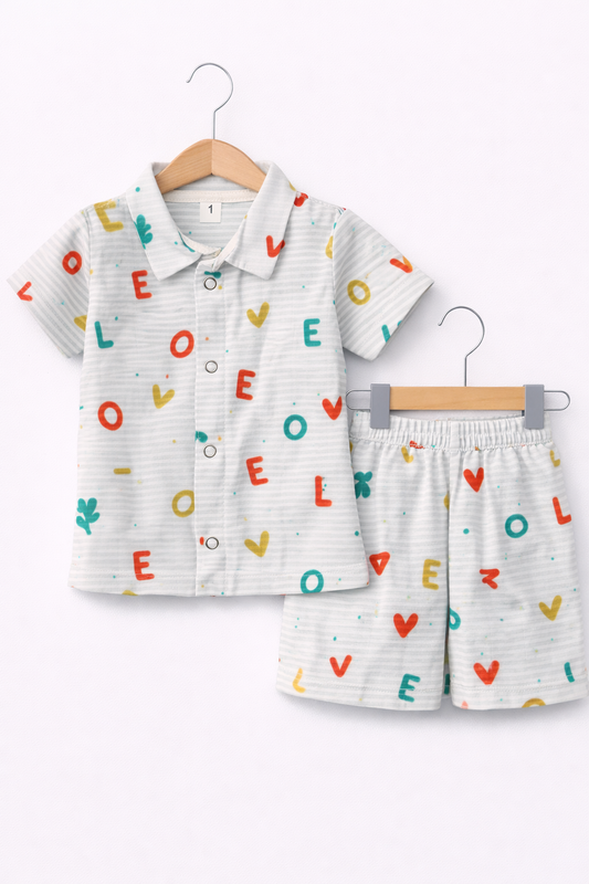 Airport - Kids Muslin Co-ord Set – Front Open Collar Shirt & Shorts (Light Green Stripes -Love)