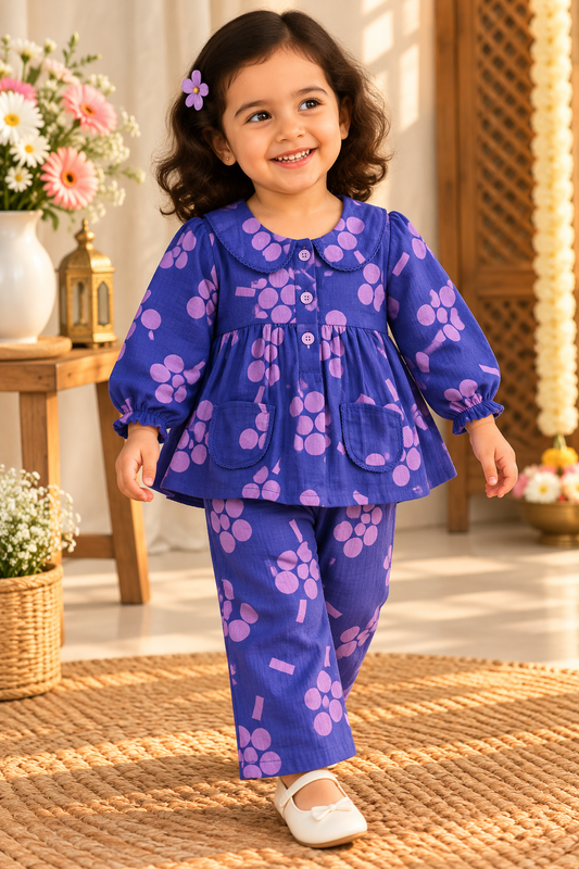 Kids Muslin  Peter Pan  Frock With Pant (Purple)