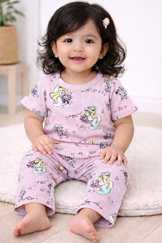 Premium Ribbed Half sleeves Tshirt with Pant (Beautiful Pink Unicorn)