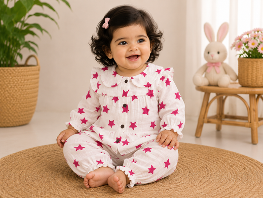 Airport - Kids Muslin  Peter Pan Collar  Balloon Sleeves Frock With Pant (White Red Big Star)