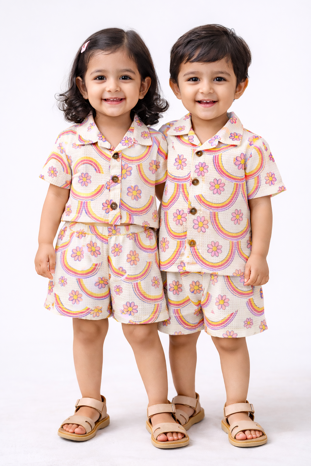 Crinkled Front open Tshirt with Shorts Sets (Arched Flowers)