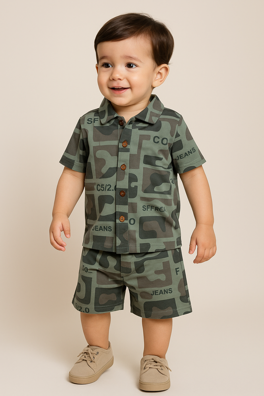 Shorts Sleeves Collared Tshirt with Shorts Sets (Green Military)