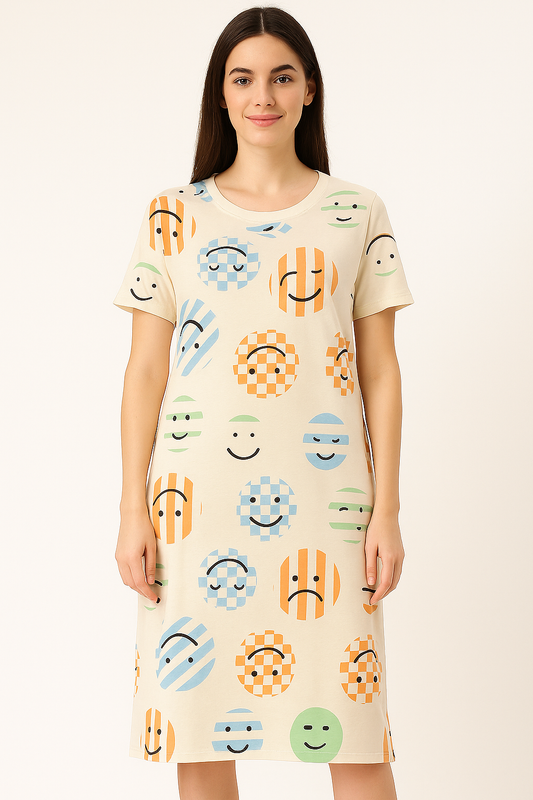 Women's Long POLO A-Line Top (Multicolour Smiley)