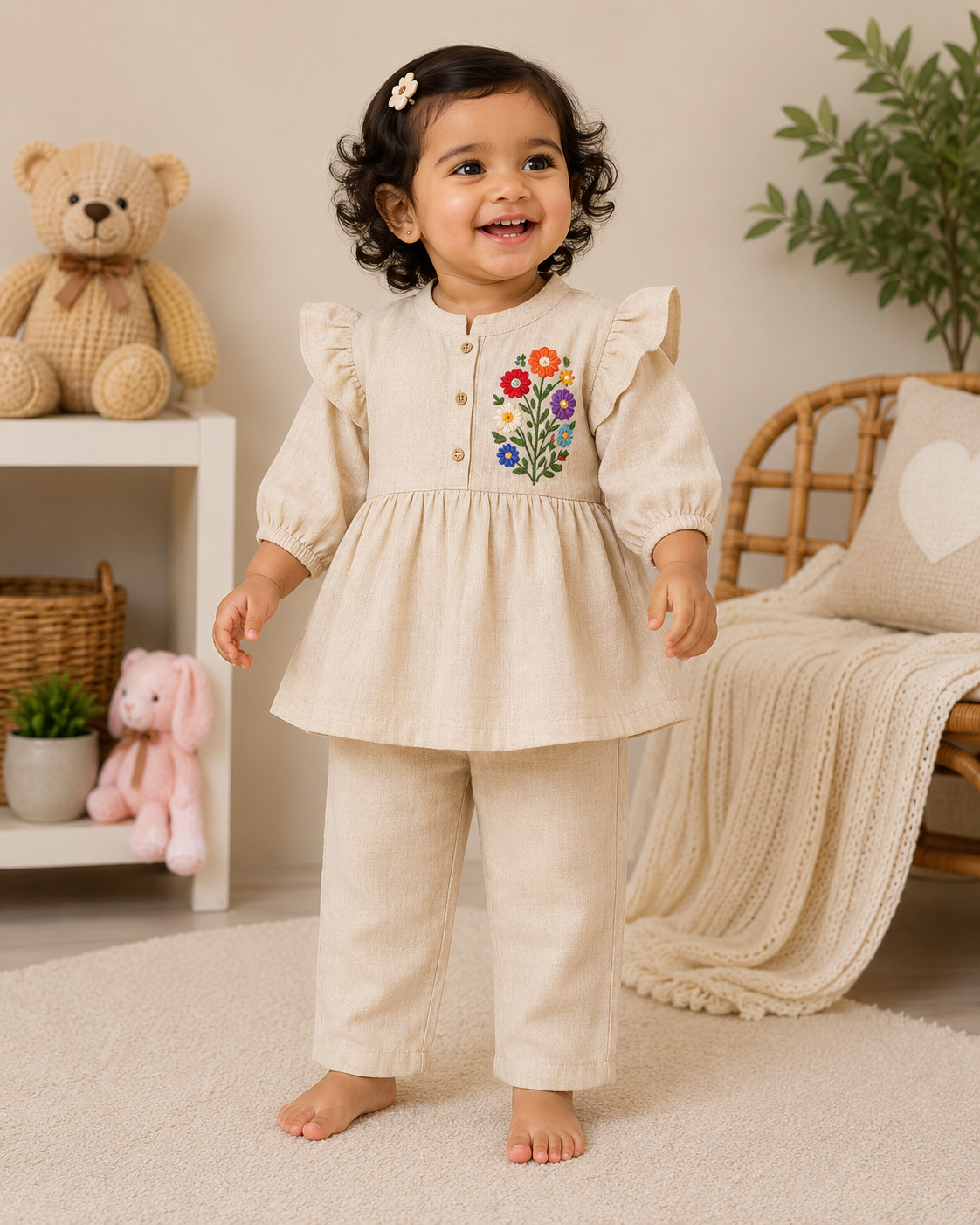 Airport - Kids Muslin Print  Balloon Sleeves Frock With Pant ( Beige 1)