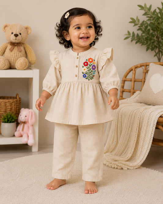 Airport - Kids Muslin Print  Balloon Sleeves Frock With Pant ( Beige 1)