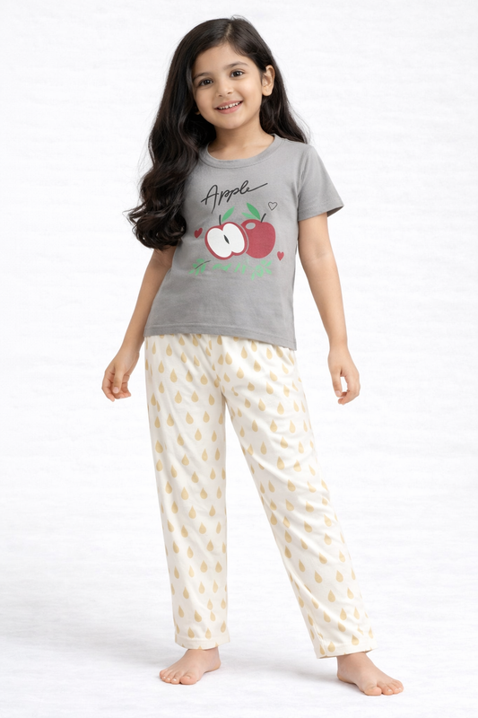 Premium Cotton Contrast Half Sleeves Pajama Set (Grey Apple-Cream Gold)