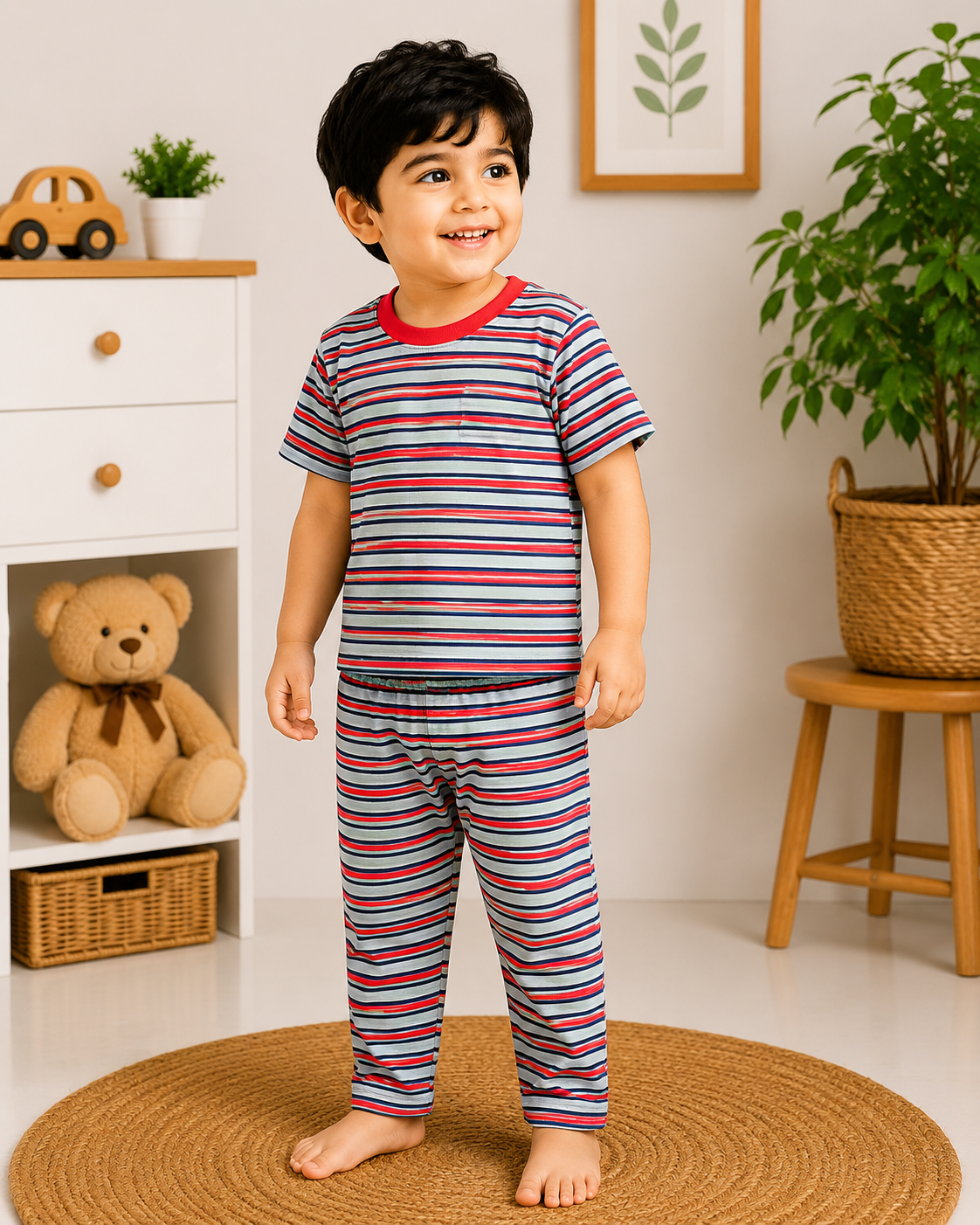 Soft Cotton Half sleeves Tshirt with Pant( Red Olive Stripes)