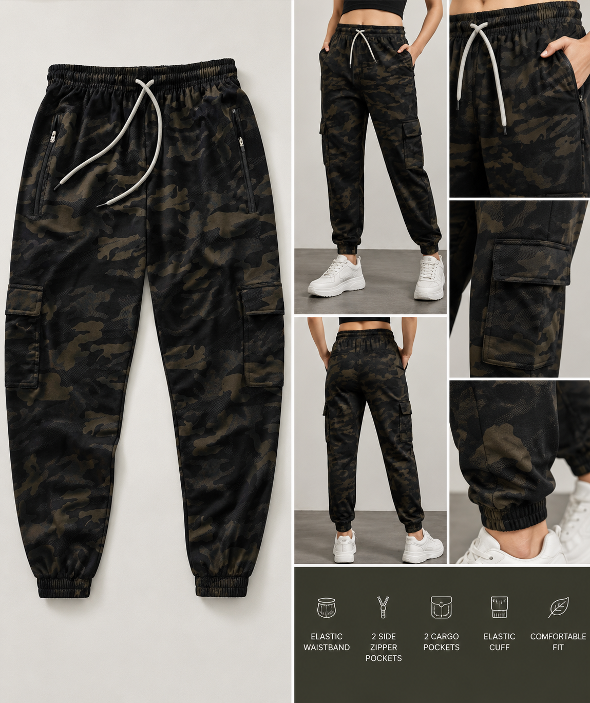 Stretchable Fourway Lycra Cargo Pant- Military( Black / Green)