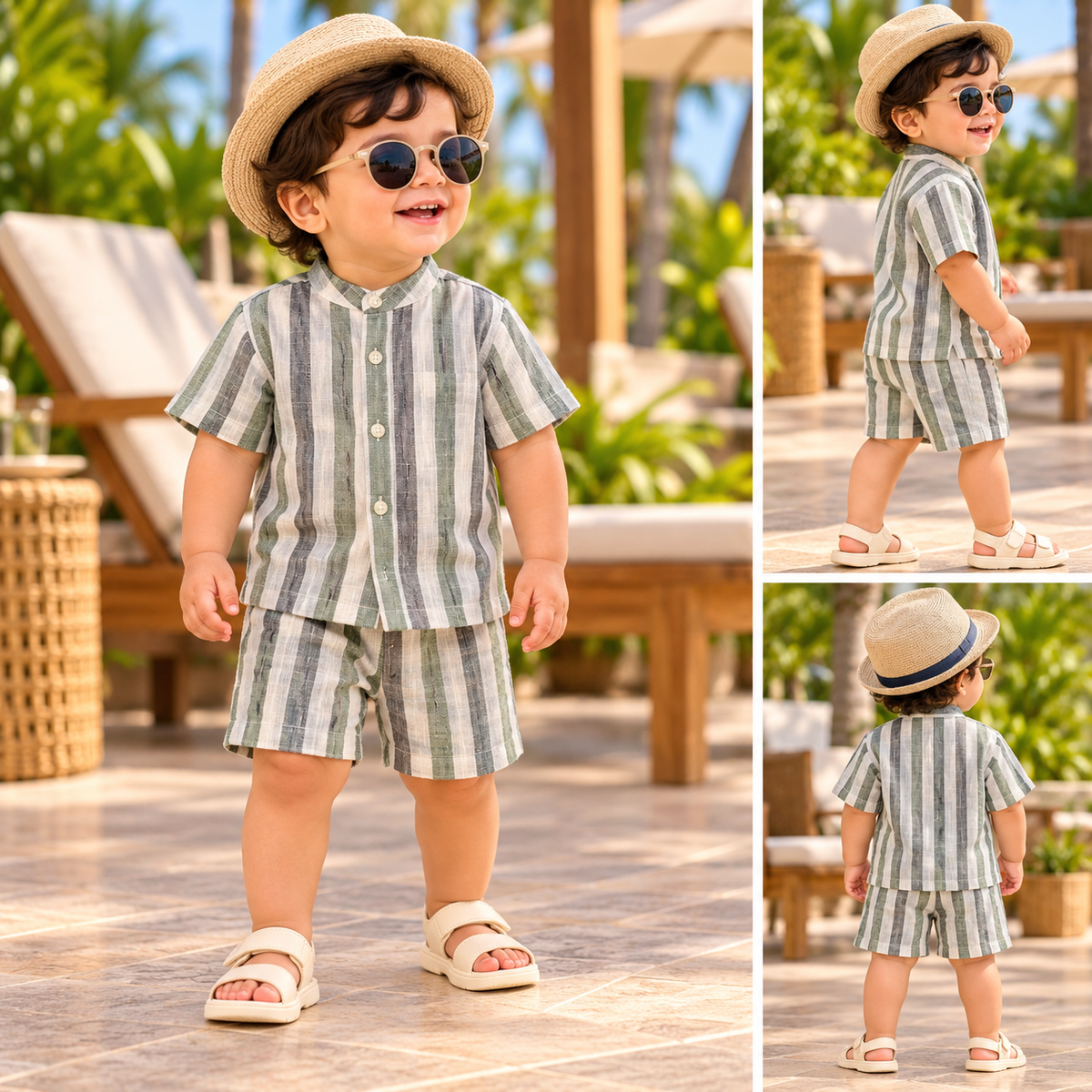 Airport Kids Cotton Muslin Shirt & Shorts Set (Green Grey Stripes)