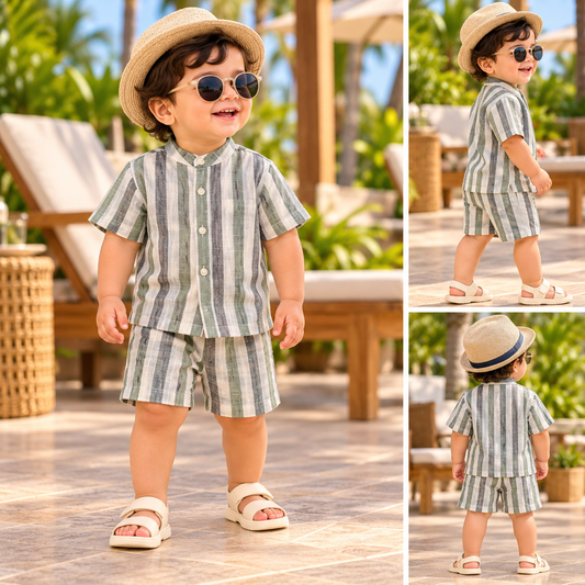 Airport Kids Cotton Muslin Shirt & Shorts Set (Green Grey Stripes)