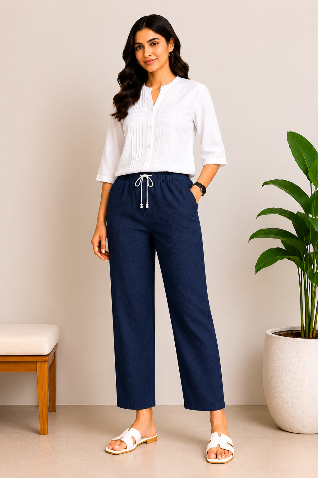 Linen Cotton Straight Pants for Women (Deep Navy Blue)
