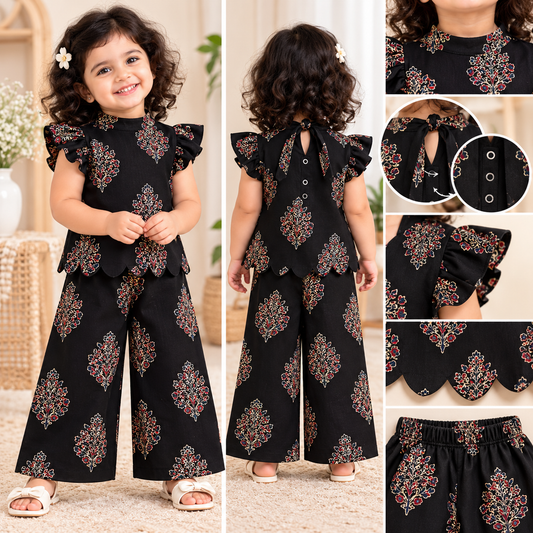 Girls Casual Cotton Printed High Collar & Scallop Top & Pant Co-ord Set (C064) (Black Gopuram Flower)
