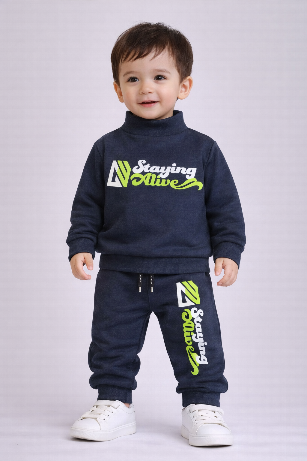 Premium Winter High Neck Pant Set For Kids(Navy Blue - Staying Alive
