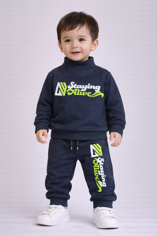 Premium Winter High Neck Pant Set For Kids(Navy Blue - Staying Alive