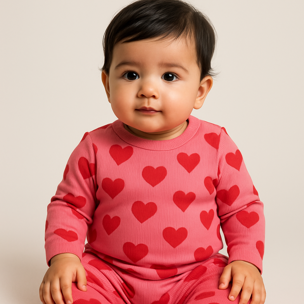 Premium Full sleeves Ribbed Tshirt with Pant (Dark Pink💖 Hearts)