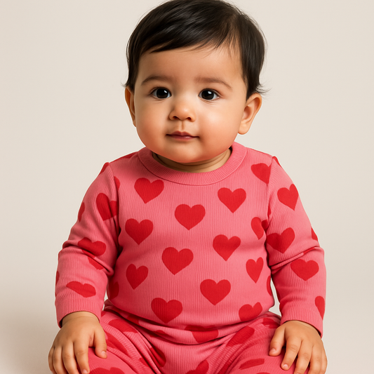 Premium Full sleeves Ribbed Tshirt with Pant (Dark Pink💖 Hearts)