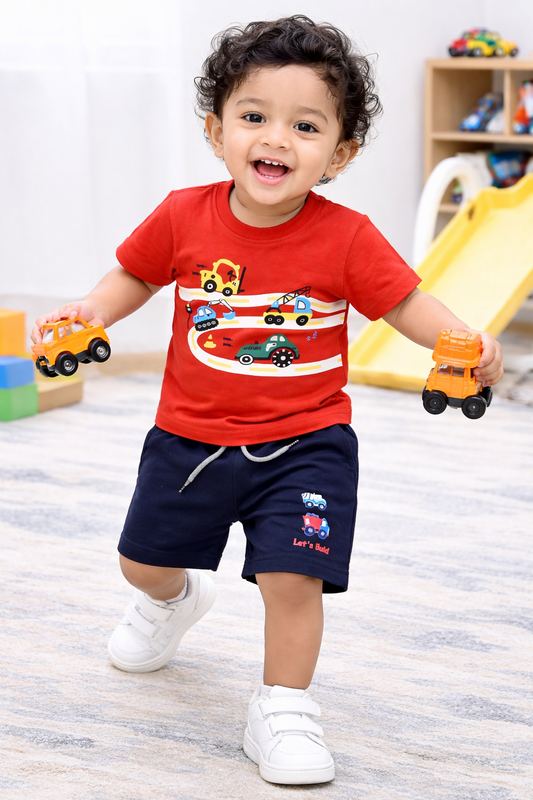 Airport - 🧸 Kids Cartoon Co-ord Set – Half Sleeves T-shirt + Shorts (Red Vehicles)