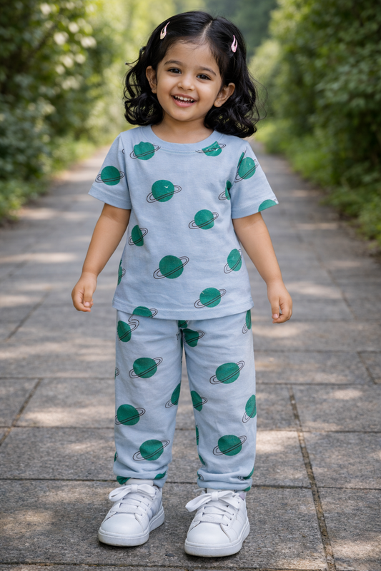 Premium Ribbed Half Sleeves Pajama Set ( Blue  Green Ball)