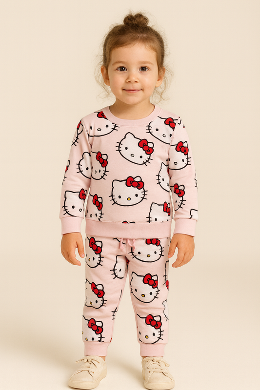 Premium Winter Full sleeves Tshirt with Pant (Pink Kitty)