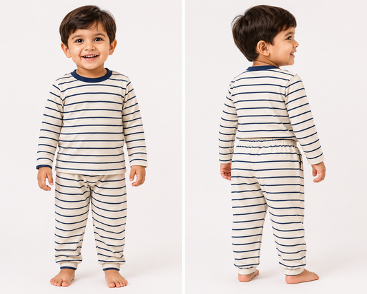 Soft Cotton Full sleeves Tshirt with Pant (Navy White Stripes 1)
