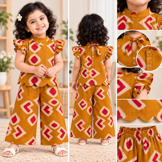 Girls Casual Cotton Printed High Collar & Scallop Top & Pant Co-ord Set (C062) (Mustard Heart)