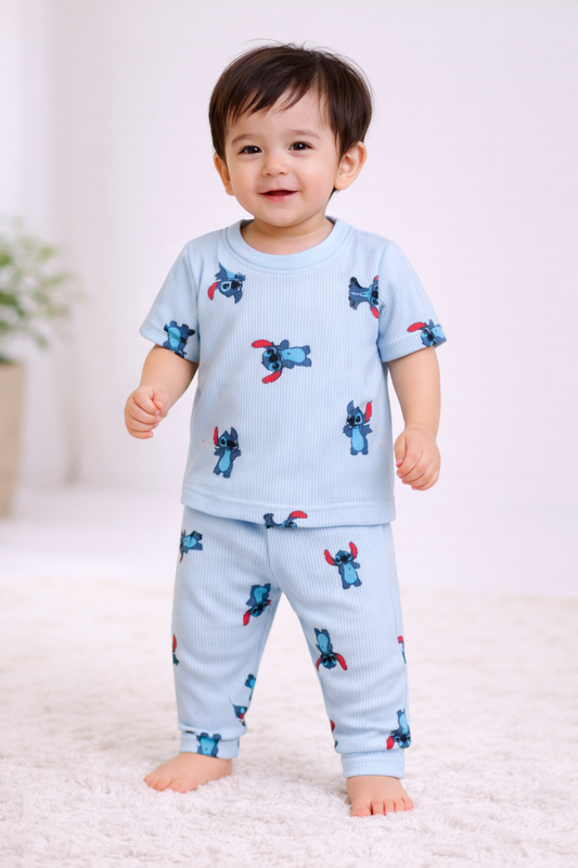 Premium Ribbed Half sleeves Tshirt with Pant (Blue Bluey)