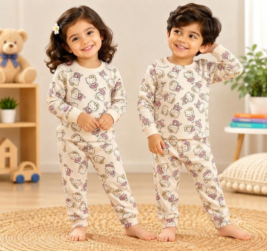 Premium Winter Full Sleeves T-Shirt with Pant (Dancing Kitty) (Fleece)