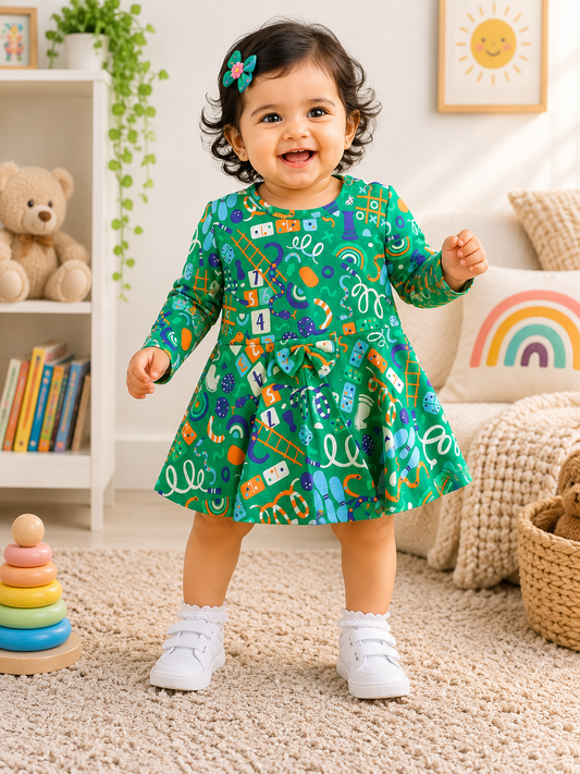 Full Sleeves Frocks with Shoulder Buttons (Green Games)