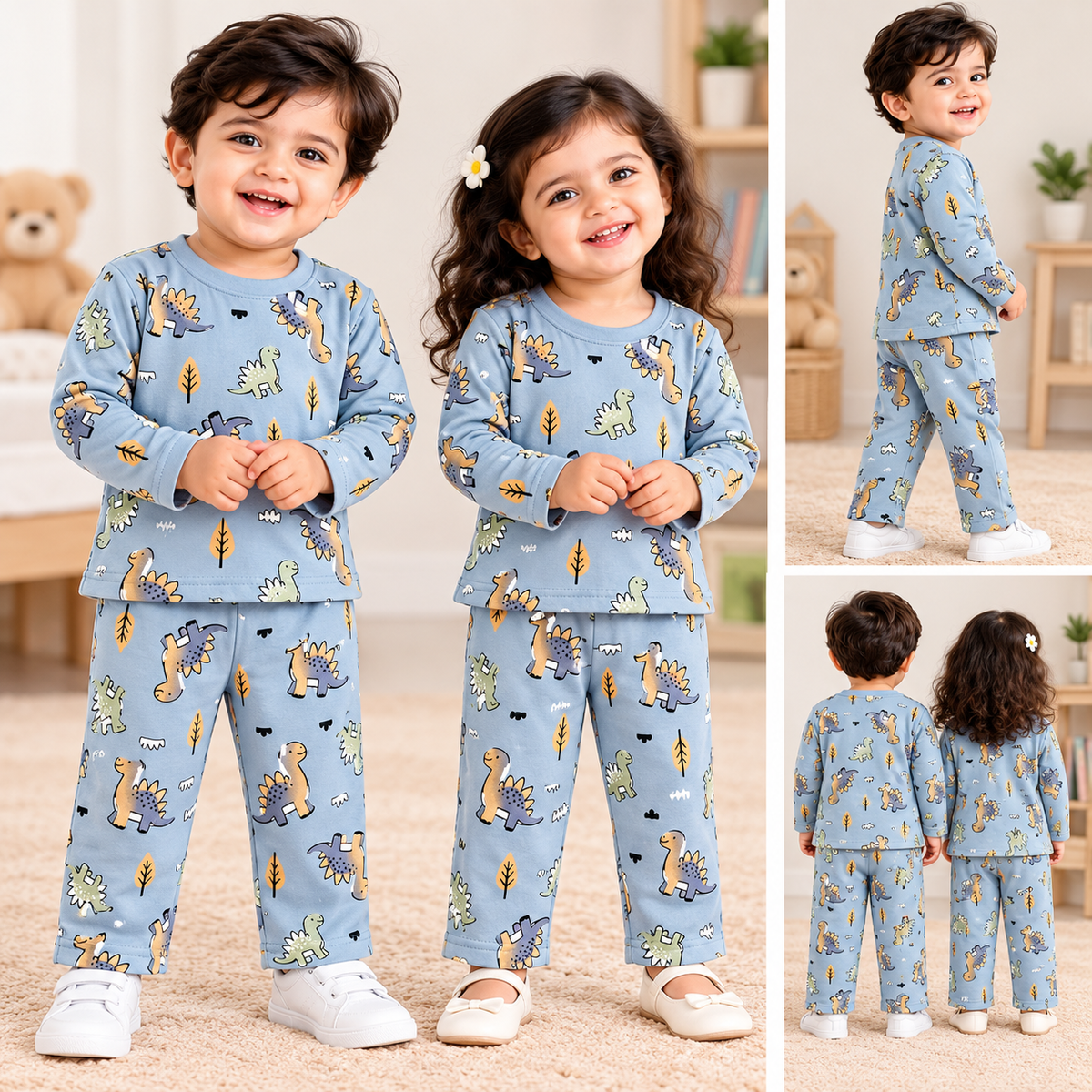 Premium Winter Full Sleeves T-Shirt with Pant (Blue Dinos) (Fleece)