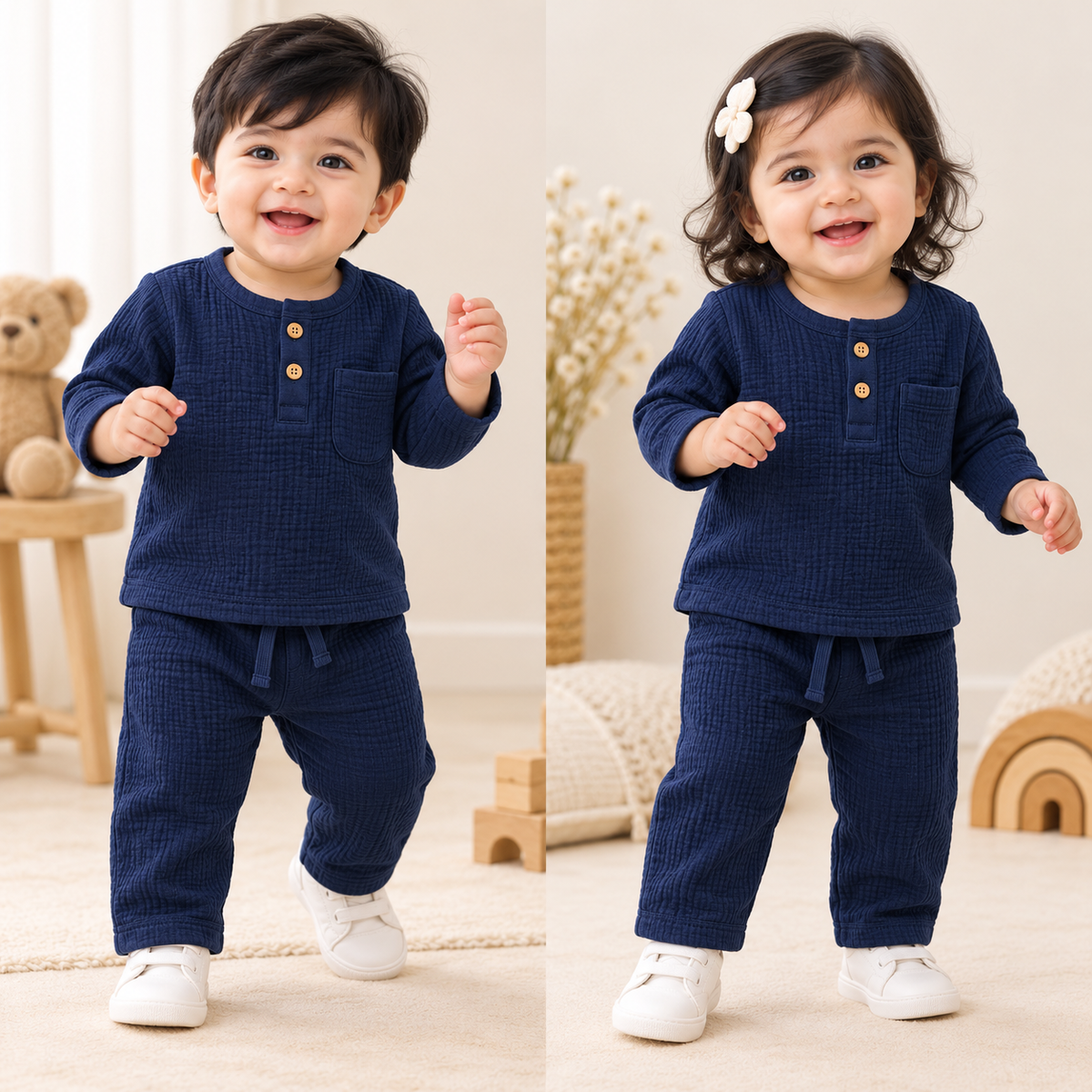 Airport - Kids Muslin Double Gauze Full-Pant Set (Navy Blue)