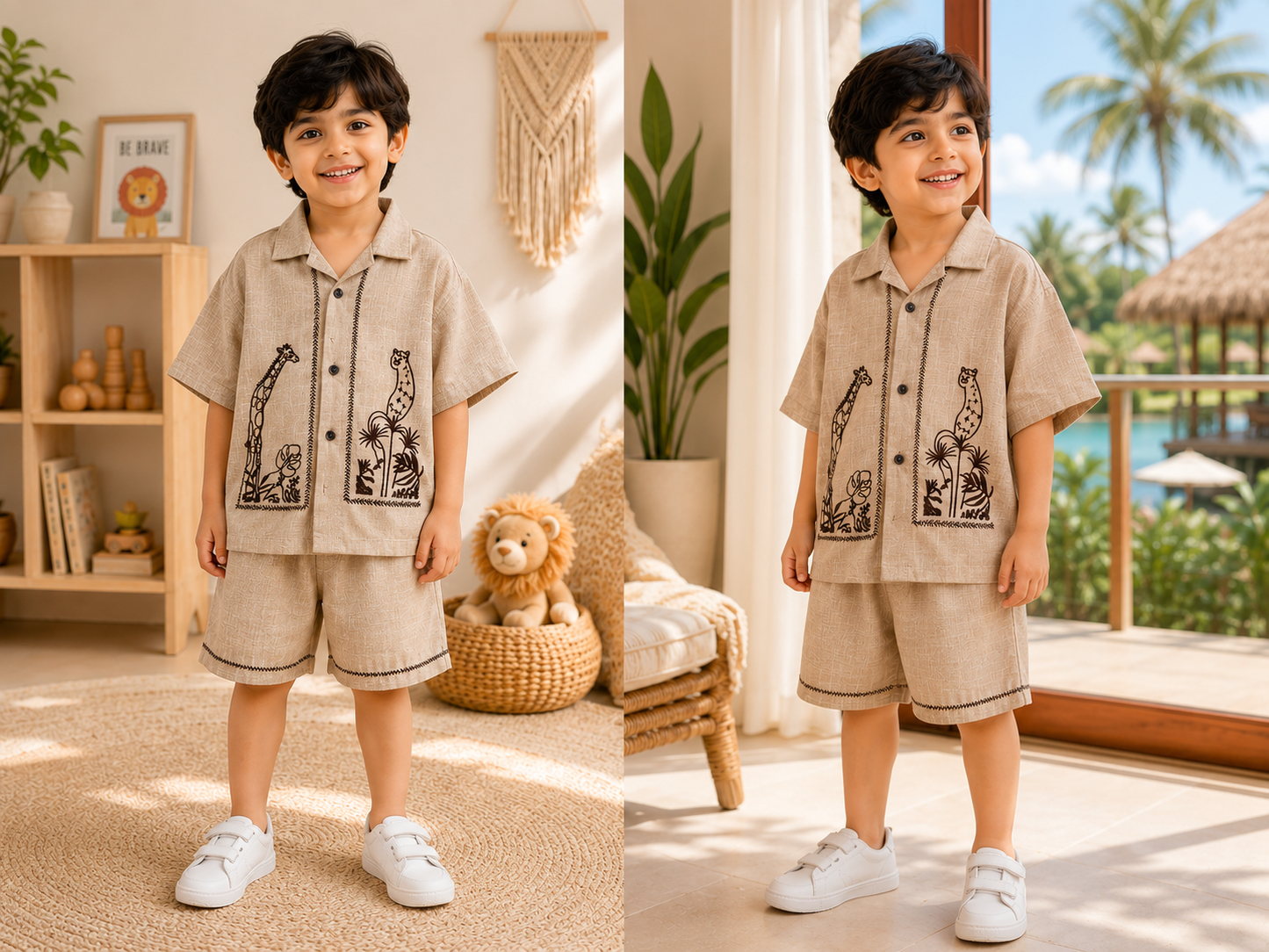 (LB007) - Linen Blend Embroidered Co- Ord Set  (Sand Giraffee)