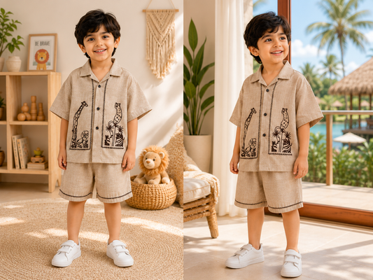 (LB007) - Linen Blend Embroidered Co- Ord Set  (Sand Giraffee)