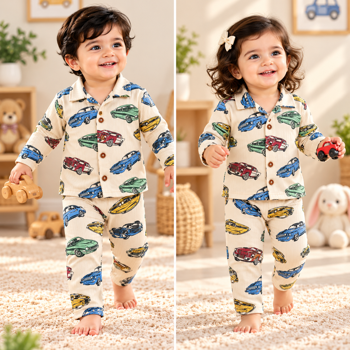 Kids’ Ribbed Collar Full-Sleeve Night Suit – Racing Cars (NS002)