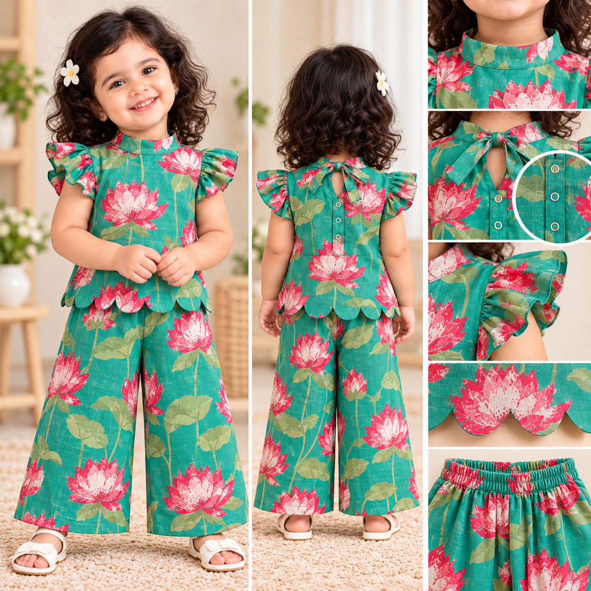 Girls Casual Cotton Printed High Collar & Scallop Top & Pant Co-ord Set (C065) (Green Lotus)