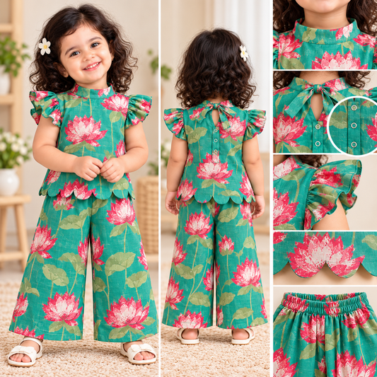Girls Casual Cotton Printed High Collar & Scallop Top & Pant Co-ord Set (C065) (Green Lotus)