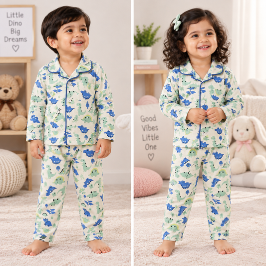 Premium Ribbed Collar full Sleeves Night Suit Sets (Cream Blue Small Dino)