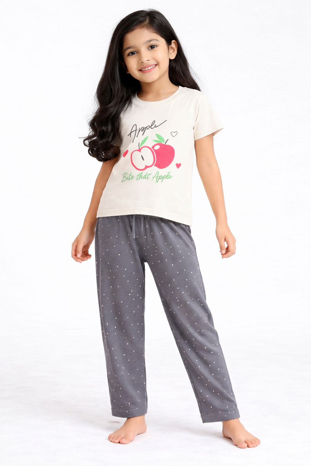 Premium Cotton Contrast Half Sleeves Pajama Set (Cream Apple-Grey Dots)