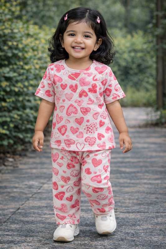 Half sleeves Tshirt with Pant (Pink Small Hearts)