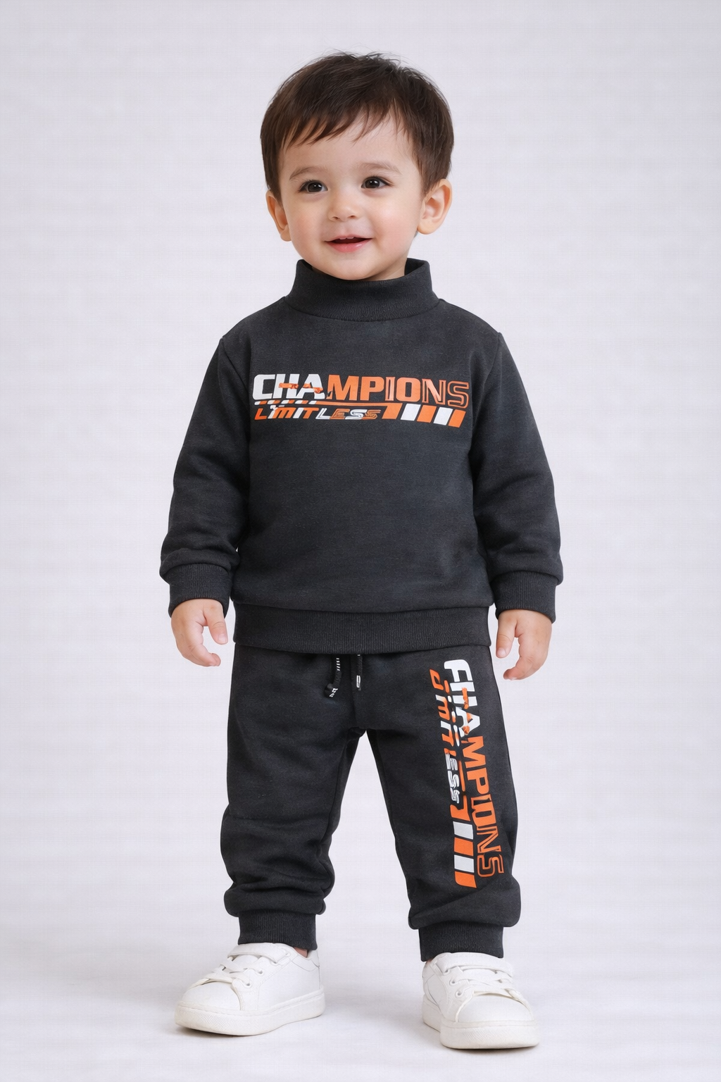 Premium Winter High Neck Pant Set For Kids(Black - Champions)