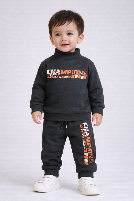 Premium Winter High Neck Pant Set For Kids(Black - Champions)
