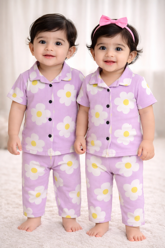 Premium Half Sleeves Collar Ribbed Tshirt with Pant (Beautiful Flower)